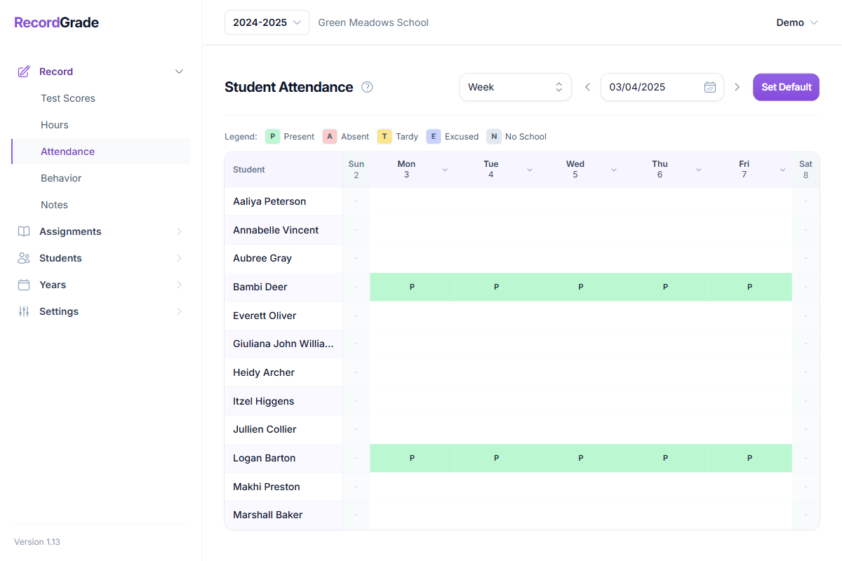 Daily attendance grid listing students with present, tardy, and absent statuses