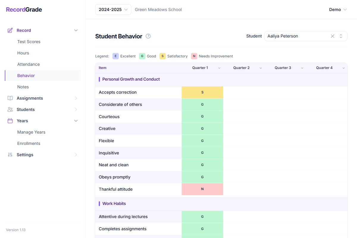 Student behavior ratings by term for custom school-defined behavior items
