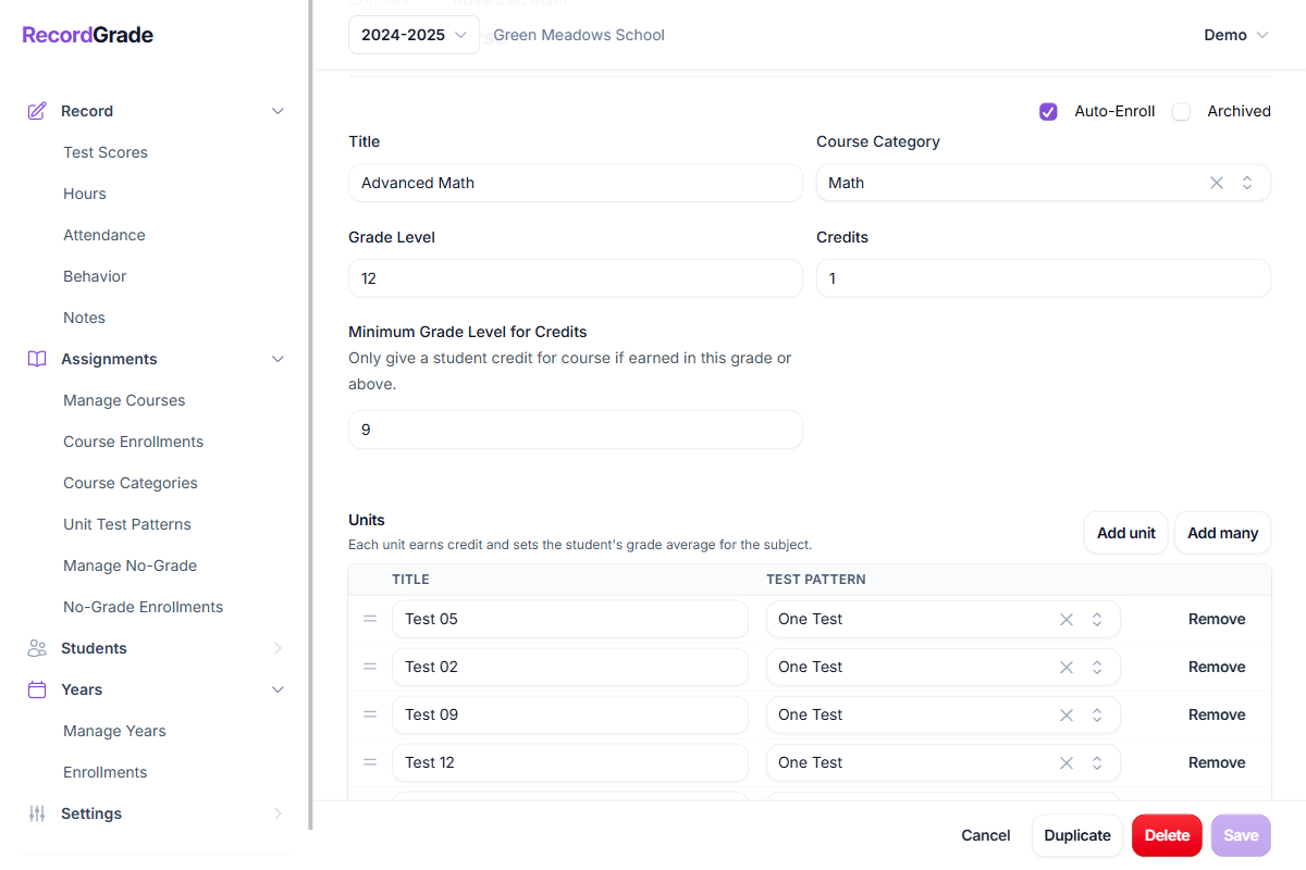 Course editor listing units with titles, credits, and assigned test patterns