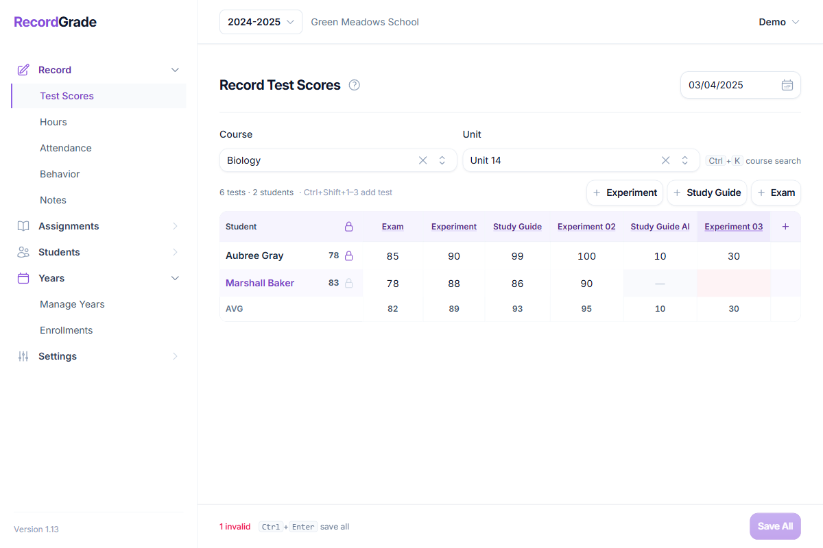RecordGrade gradebook showing a course unit with student test scores and class average