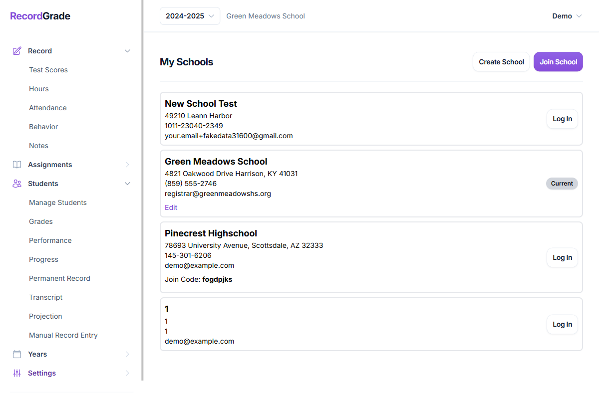 My Schools screen showing a school card with join code when Allow Others to Join is enabled