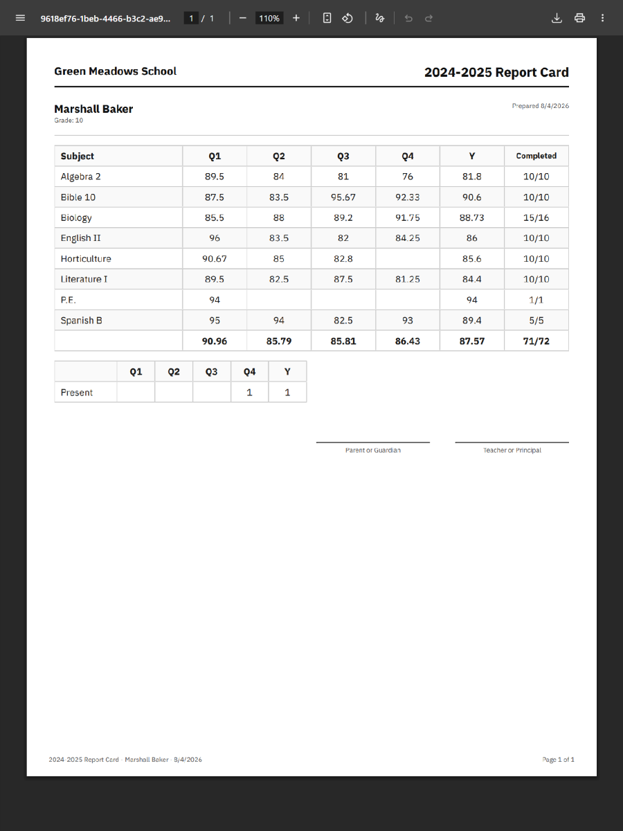 Sample total report card PDF with courses, grades, and credits
